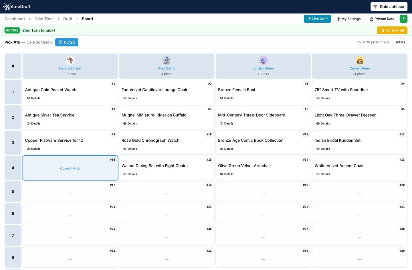 OnlineDraft draft board showing selected items by participant