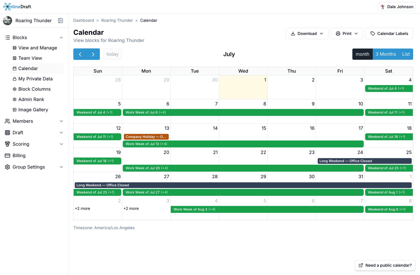 OnlineDraft calendar view for date-based drafts