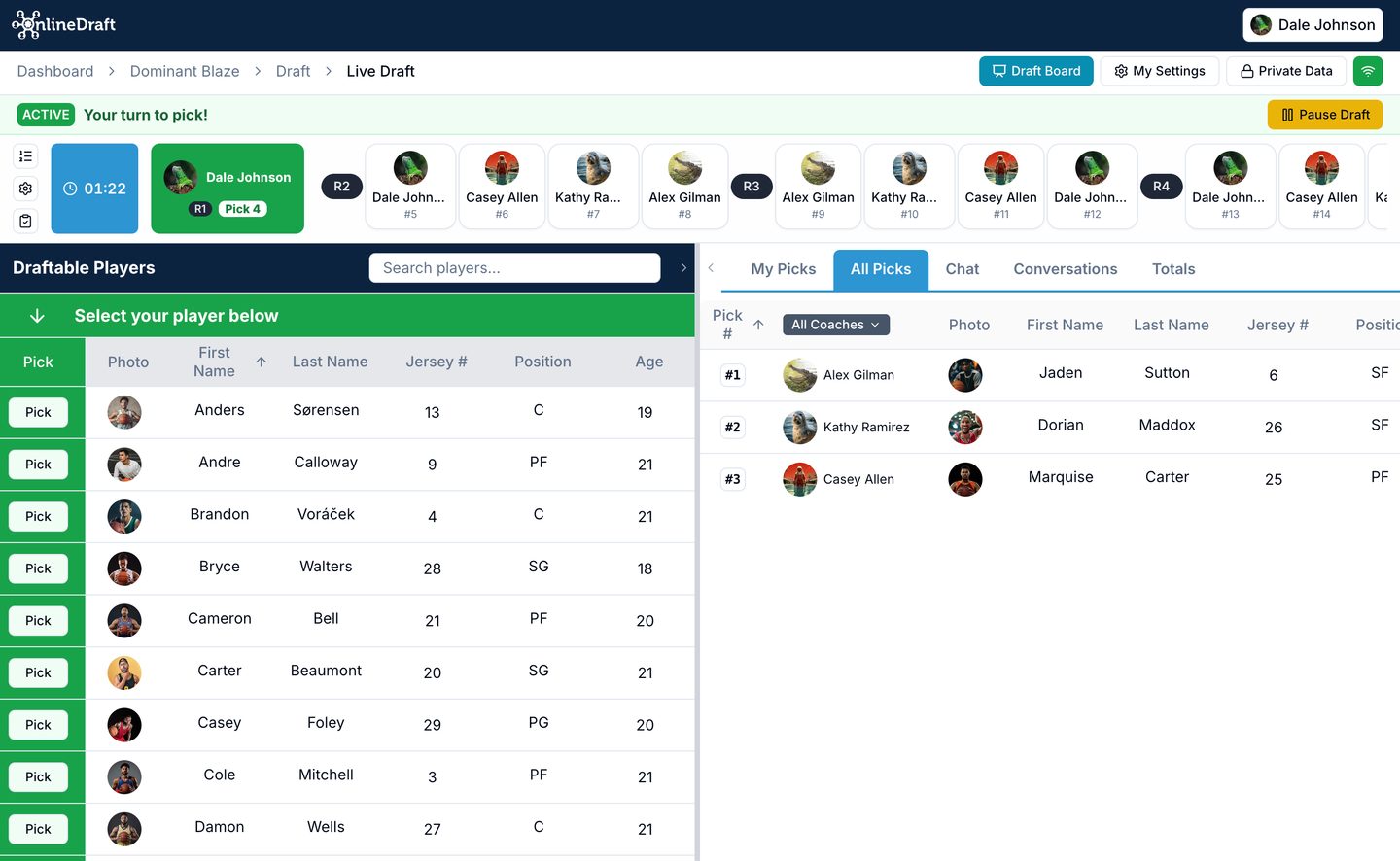 OnlineDraft live draft screen with the pick timer, draft order, and available players