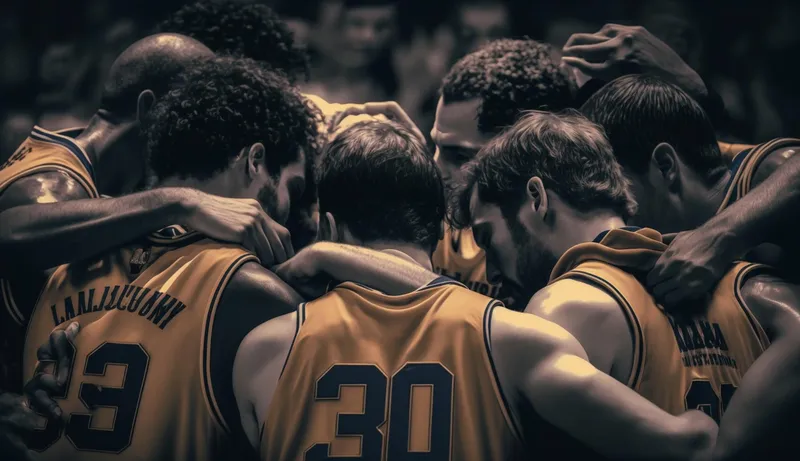 Adult league basketball team in a pregame huddle