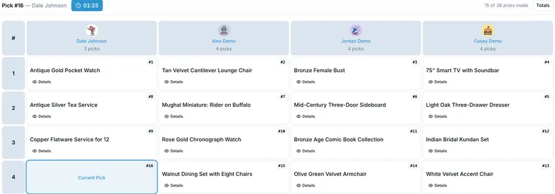 OnlineDraft draft board showing estate items selected by four parties