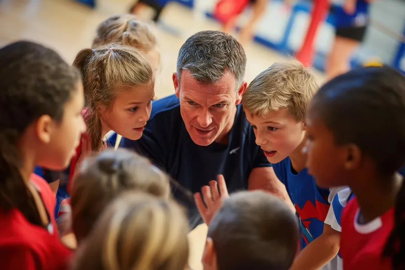 Coach talking through the plan with young players in a gym