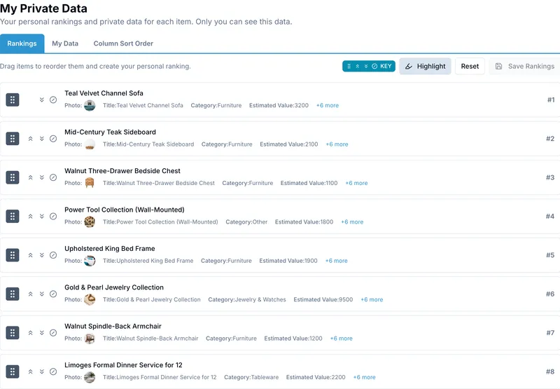 OnlineDraft private rankings page with estate items ranked by one heir