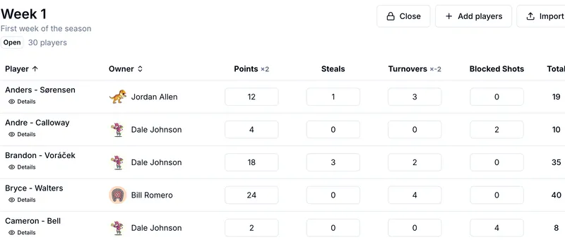 OnlineDraft scoring session grid with criteria multipliers and running totals