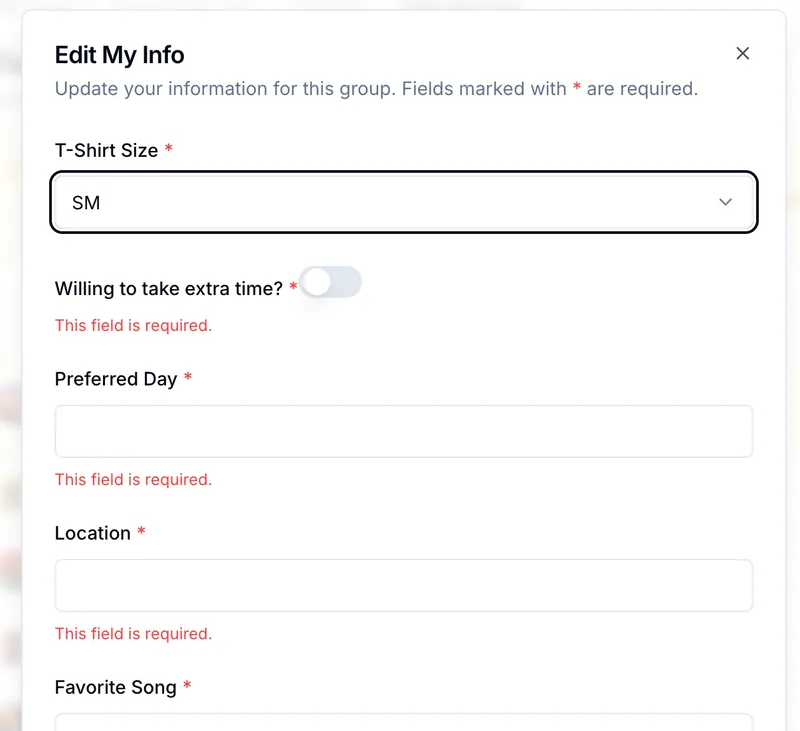 OnlineDraft form dialog collecting a T-shirt size and availability with required fields marked