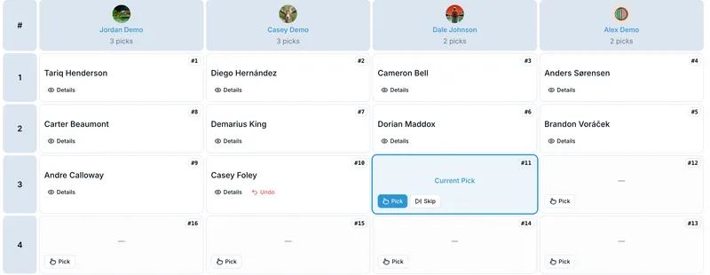 OnlineDraft draft board with each rep's picks filling in live