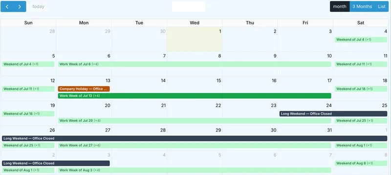 OnlineDraft calendar of draftable vacation weeks and weekend blocks