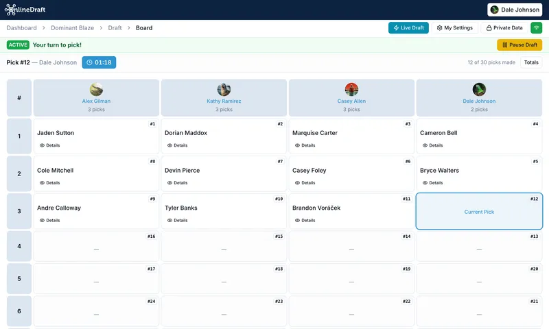 OnlineDraft draft board during a live player draft, rosters filling in team by team
