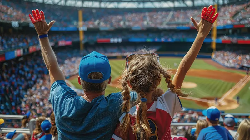 Parent and kid cheering from the stands at a baseball game