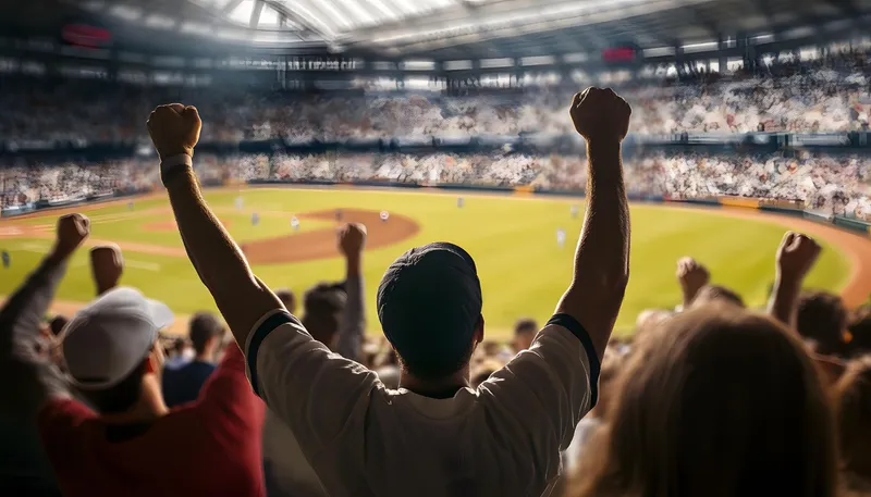 Fan celebrating from the stands at a packed ballpark
