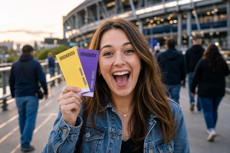 Fan holding a pair of game tickets outside the stadium