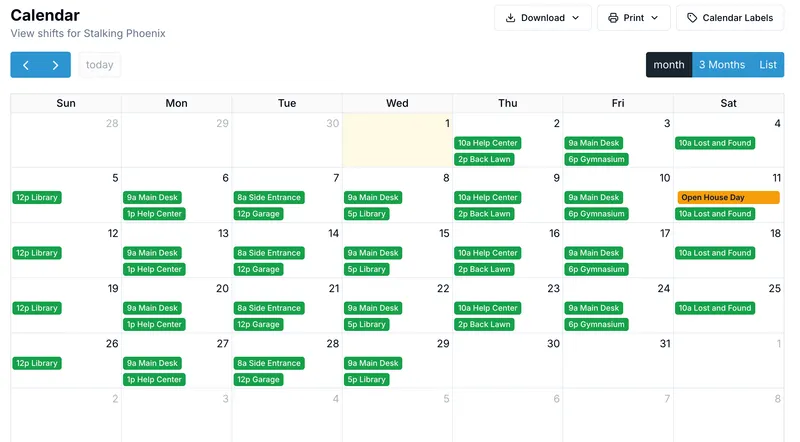 OnlineDraft calendar showing volunteer shifts covered across a month