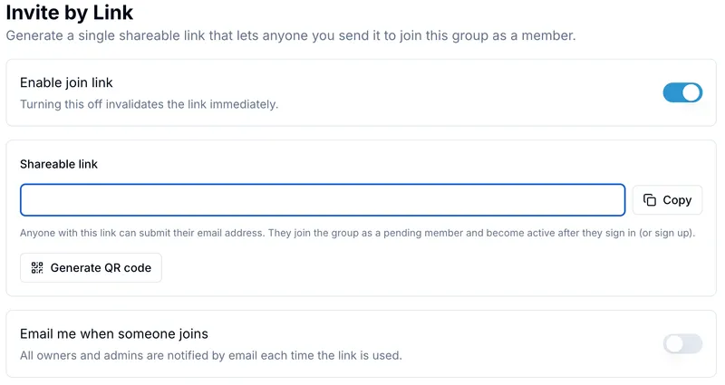 OnlineDraft invite-by-link page with a shareable join link and QR code option