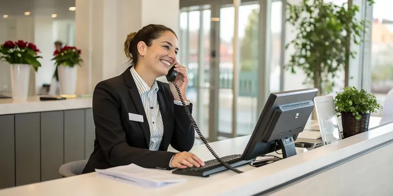 Front-desk employee covering a shift at a bright reception desk