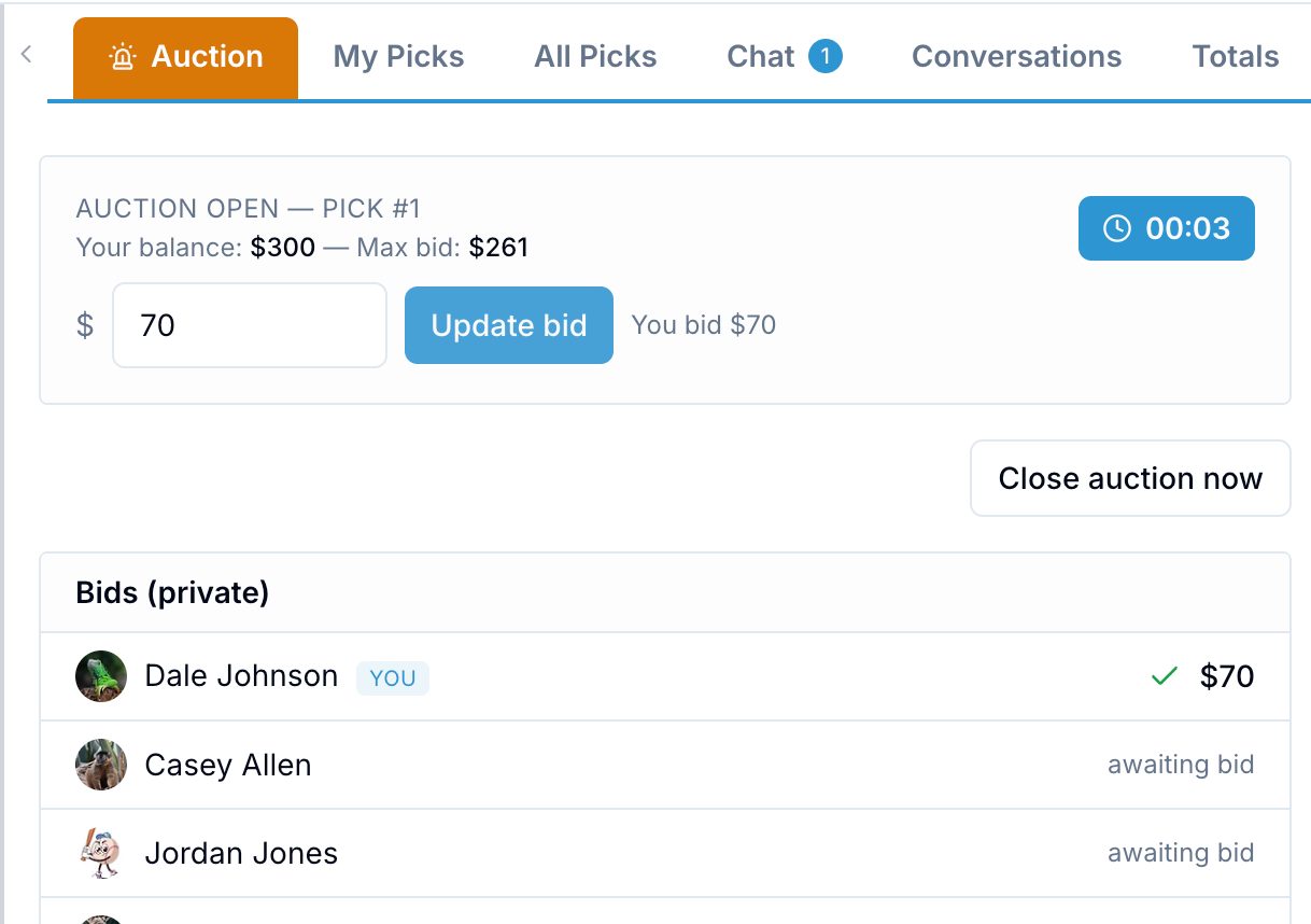 OnlineDraft auction panel showing a submitted bid and the closing countdown