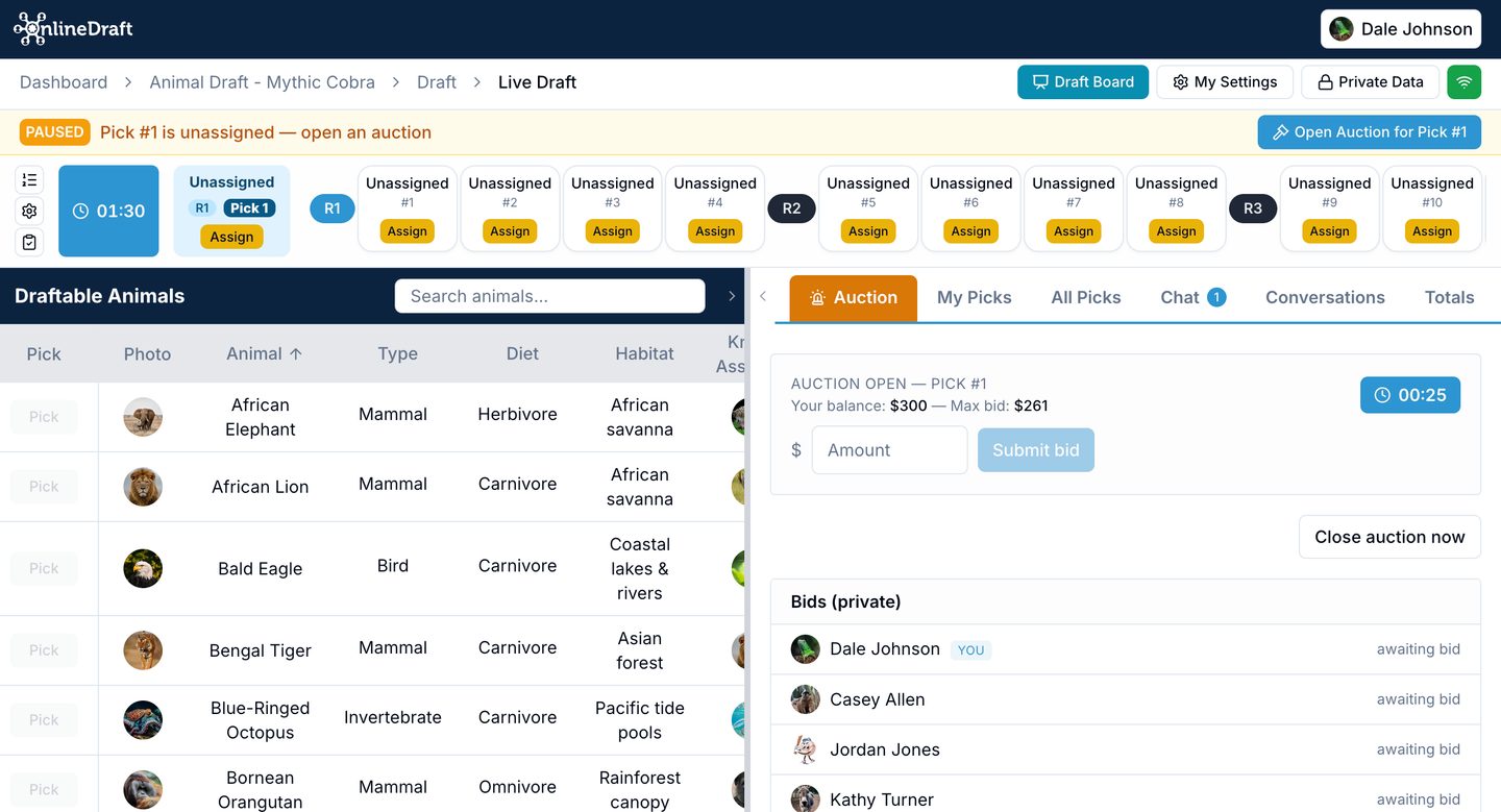 OnlineDraft auction draft with an open bid window, countdown, and remaining balances