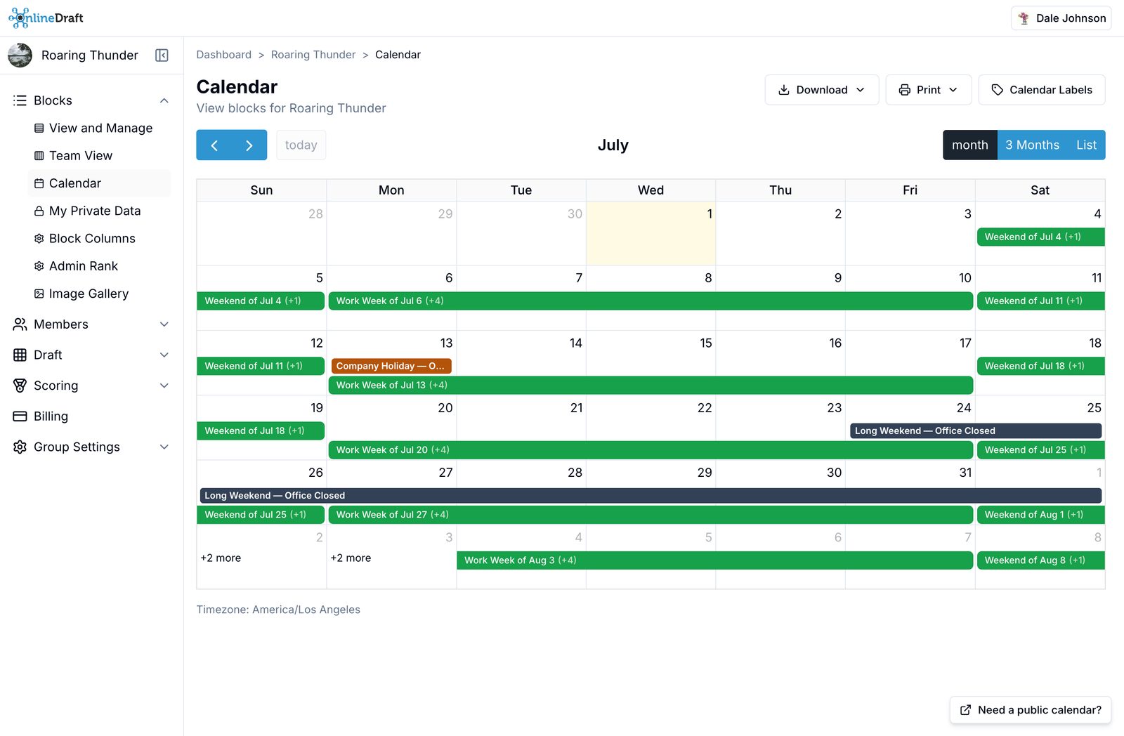 A calendar view for date-based drafts, with an optional public calendar