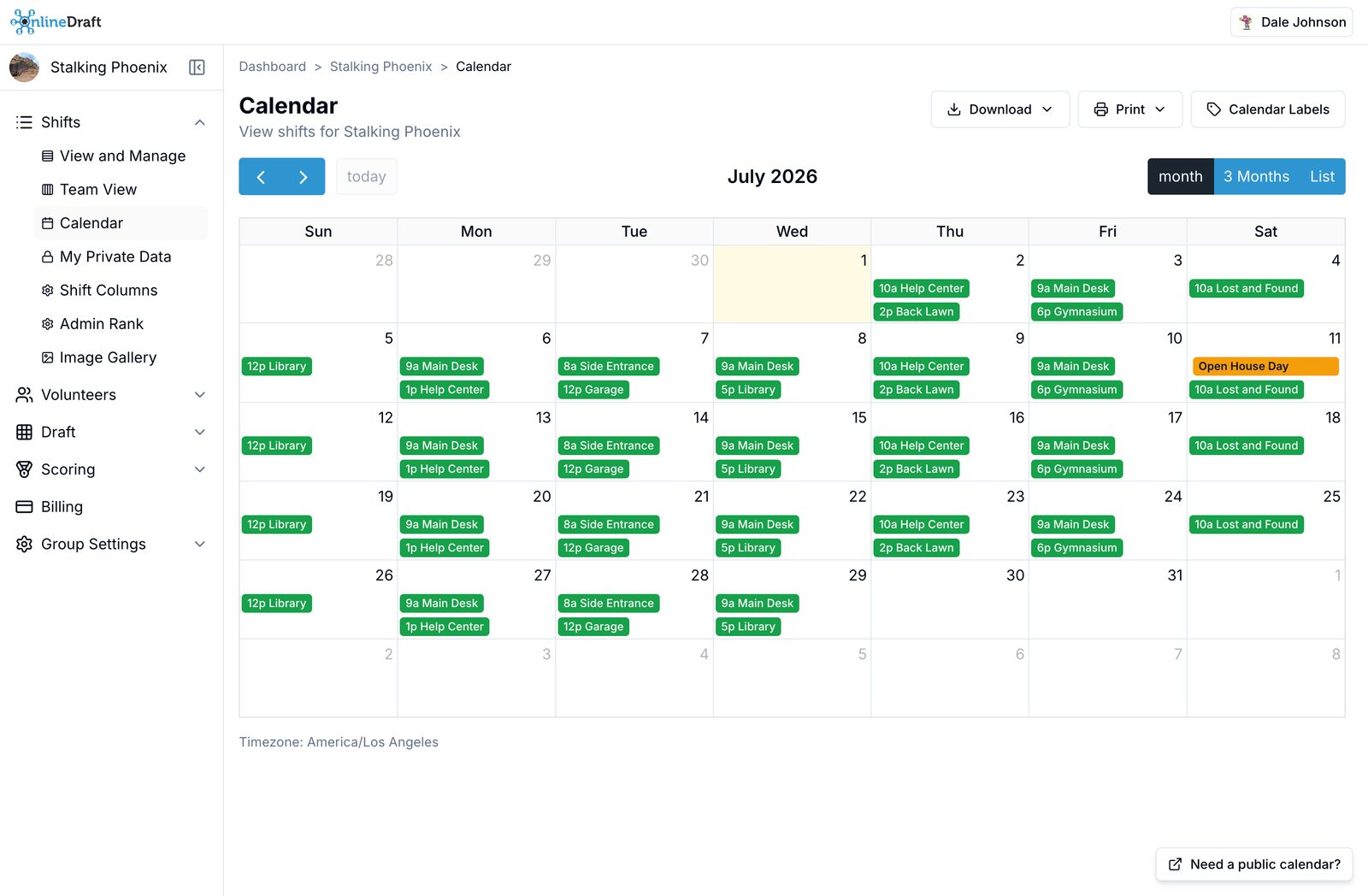 Shifts, games, and bookings laid out day by day