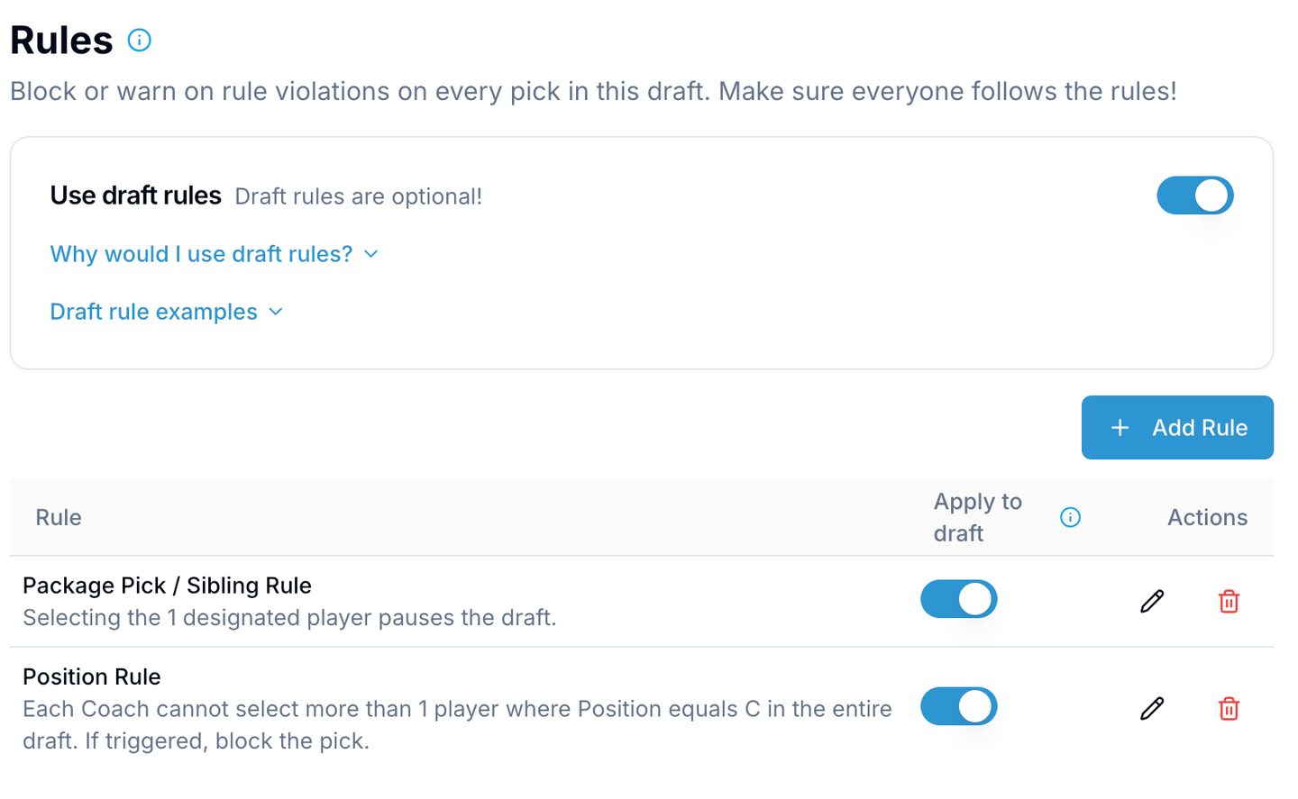 Every rule for a draft in one list, each switched on or off