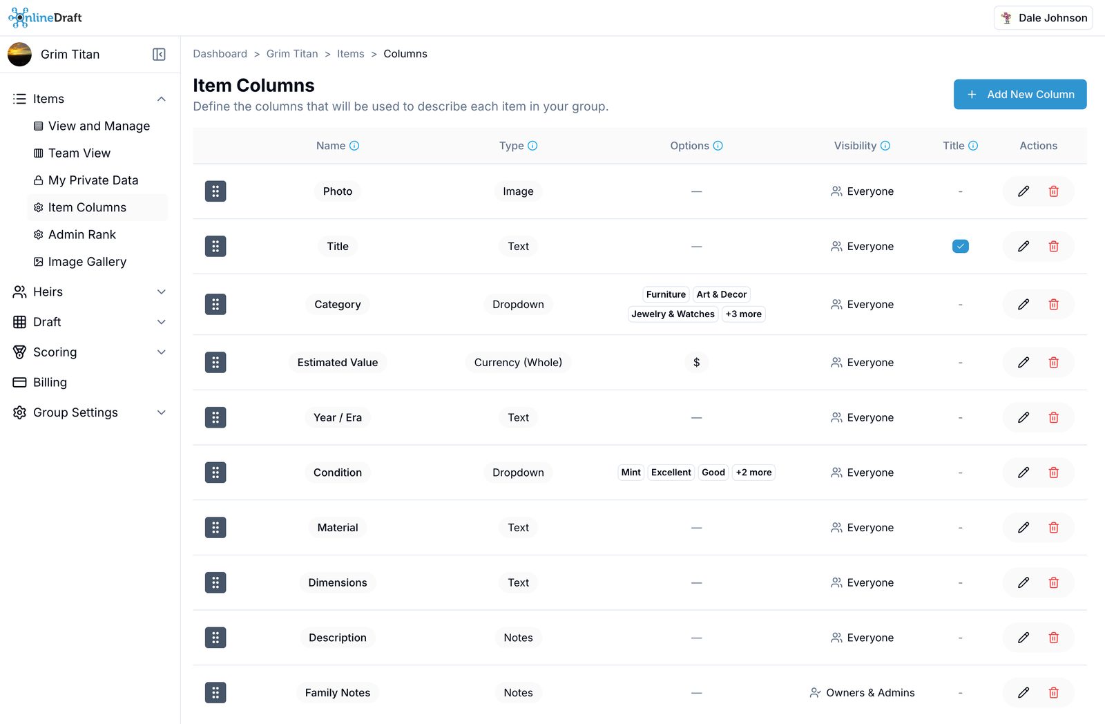 Define the columns that describe each item