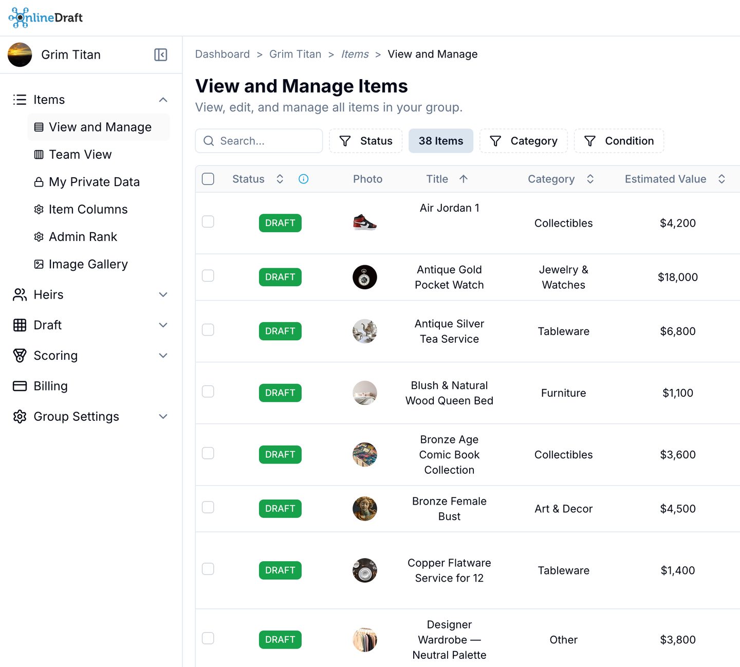OnlineDraft item list showing a shared pool of draftable items with photos, categories, and values