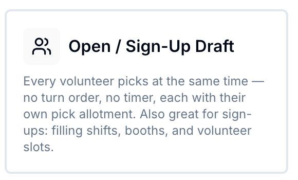 OnlineDraft draft type card describing the Open / Sign-Up Draft format