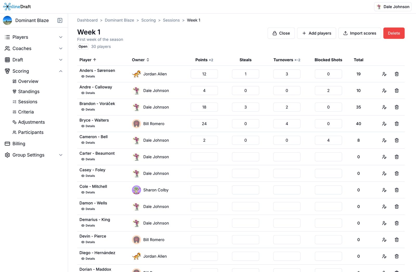 Enter scores for a scoring session, one row per drafted player