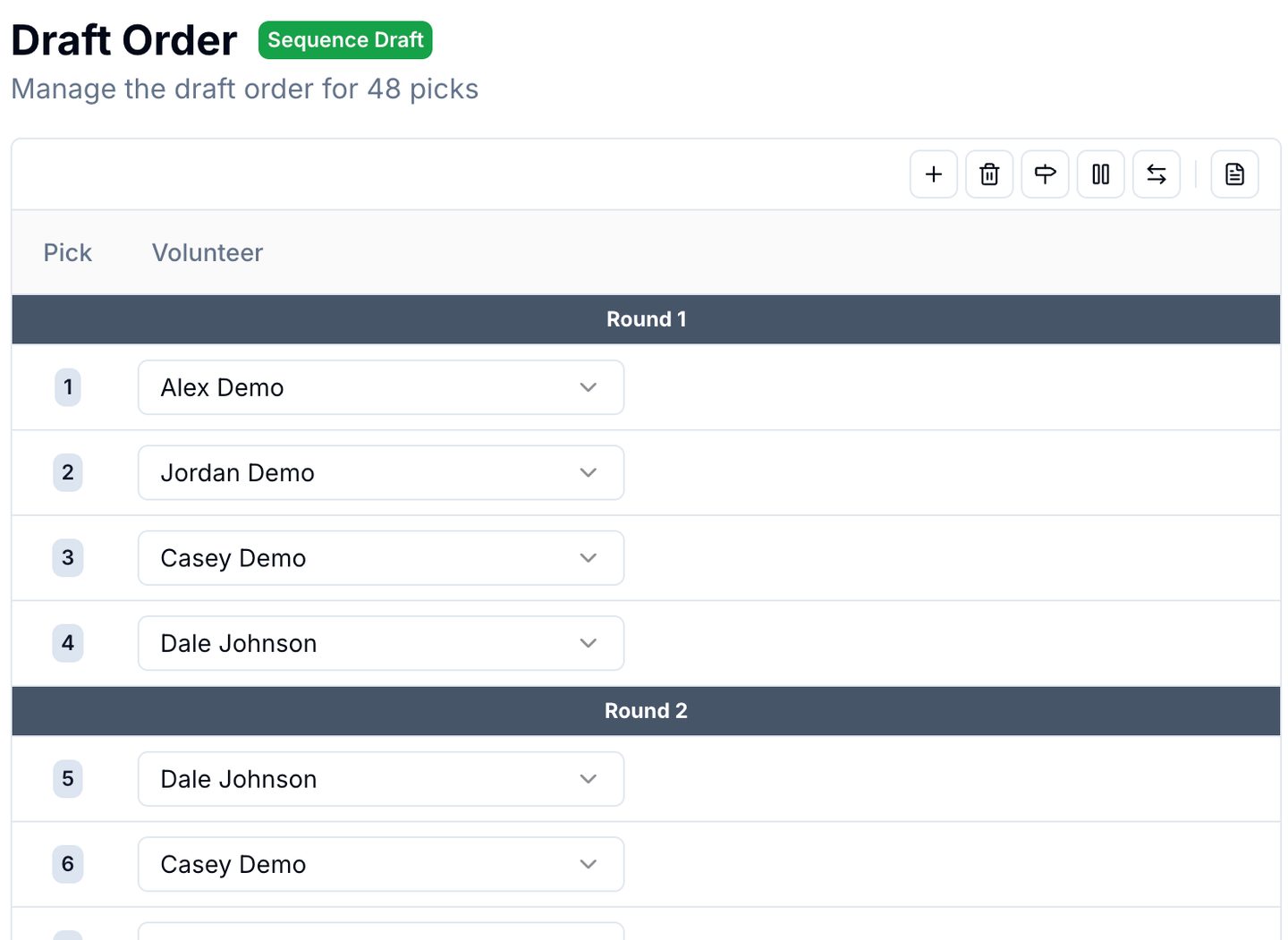 OnlineDraft draft order screen with picks grouped by round