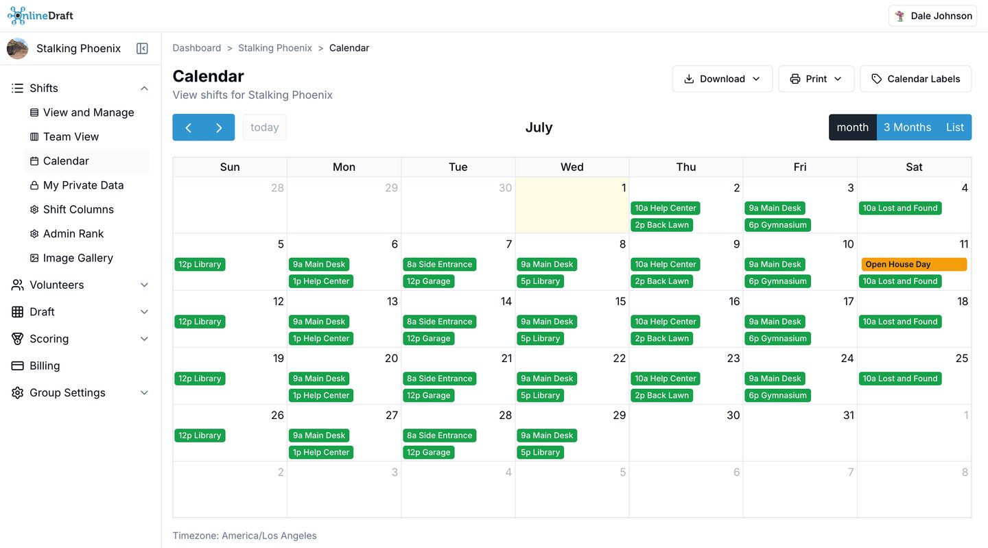 OnlineDraft calendar showing volunteer shifts laid out across the month