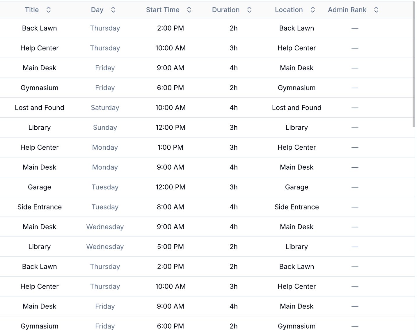 OnlineDraft shift list with the day, start time, duration, and location of every open slot