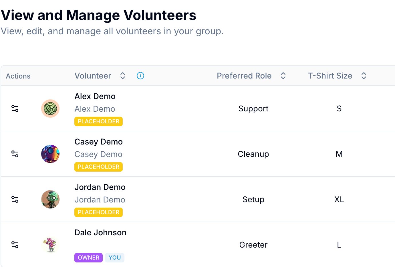 OnlineDraft volunteer list showing each person's preferred role and details